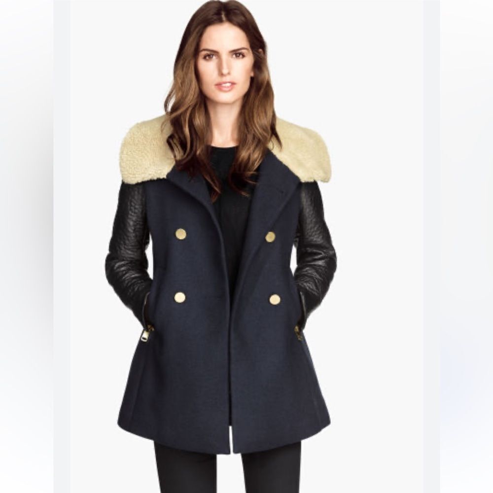 H&M Faux Leather Sleeve Faux Shearling Collar Coat